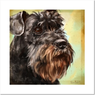 Close up Painting of a Majestic Looking Schnauzer in Yellow Background Posters and Art